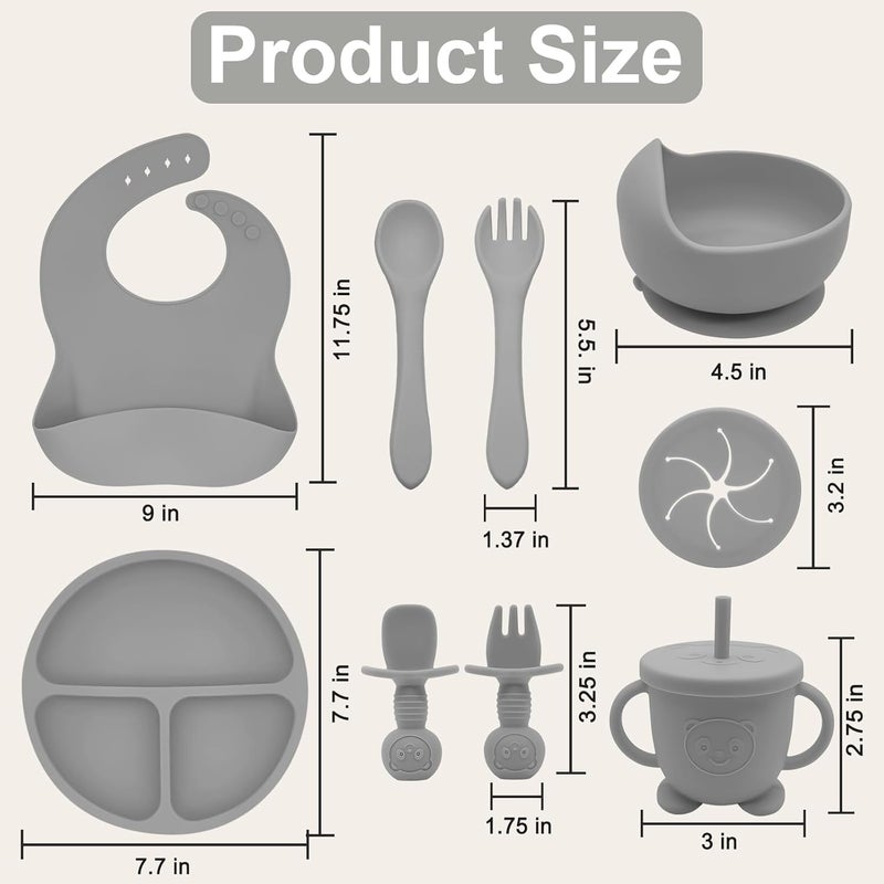 Munlinder Silicone Baby Feeding Set | Baby Led Weaning Supplies Includes Suction Bowls and Divided Plates, Adjustable Bib, Baby Utensils Spoons and Forks,Cup | Baby Feeding Essentials (Grey) - Image 2